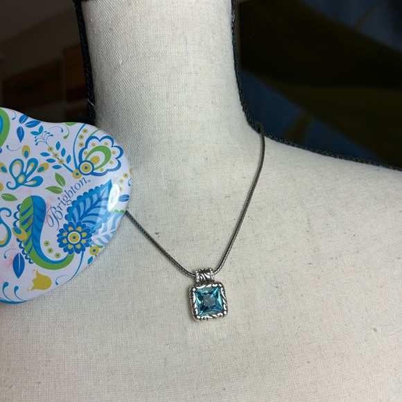Brighton Jewelry - Brighton Regina Necklace Square Blue Crystal Pendant Silver Plated 17" & Tin